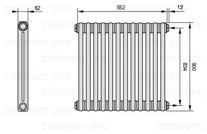 Схема (чертеж) Радиатор Zehnder Charleston 2090/12 №7610 Белый глянцевый RAL 9016